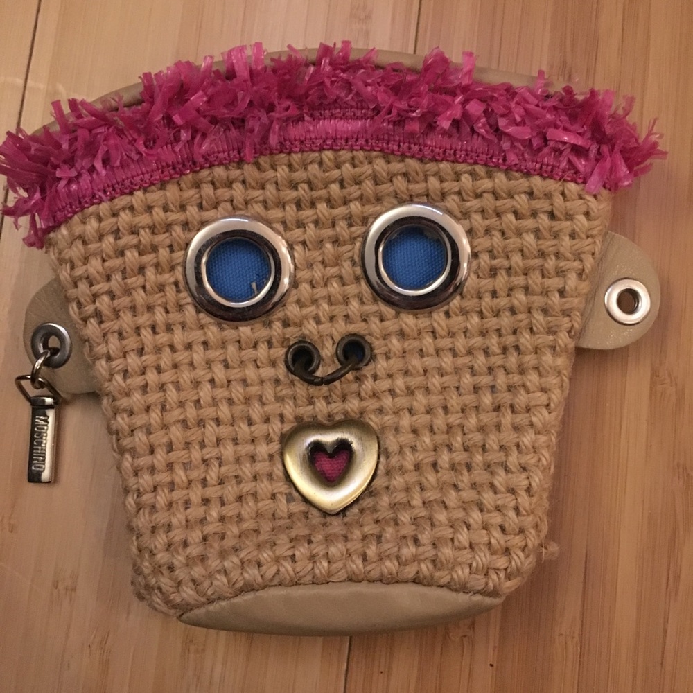 Moschino Raffia Woven Face Coin Purse or Clutch